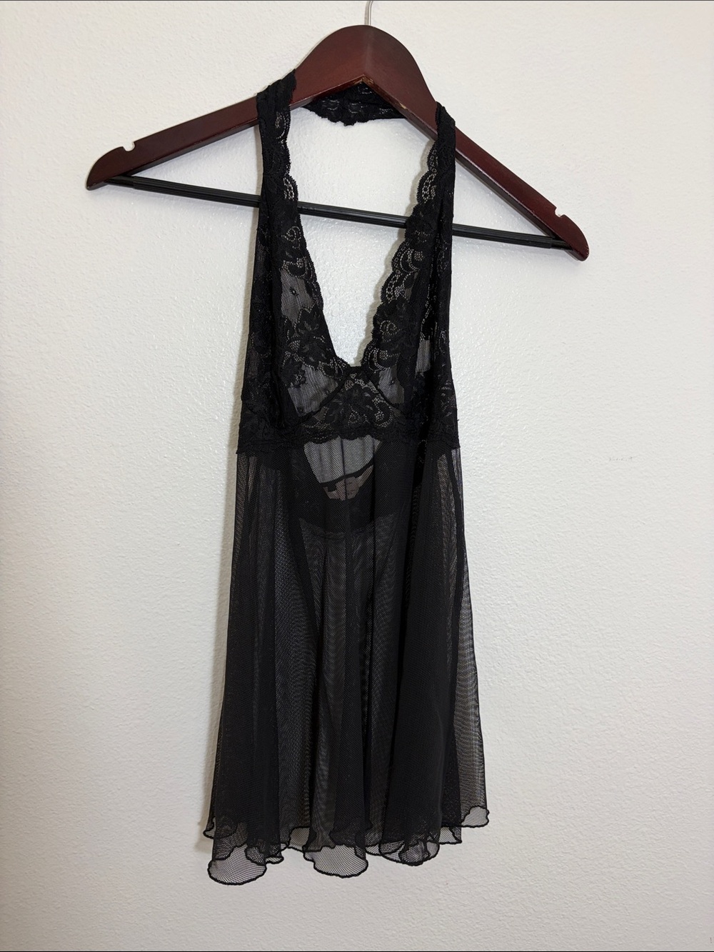 Victoria’s Secret Black Sexy Lace Mesh Halter Babydoll Chemise